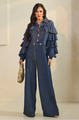 Layered Ruffle Sleeve Jumpsuit with Grommet Belt Detail