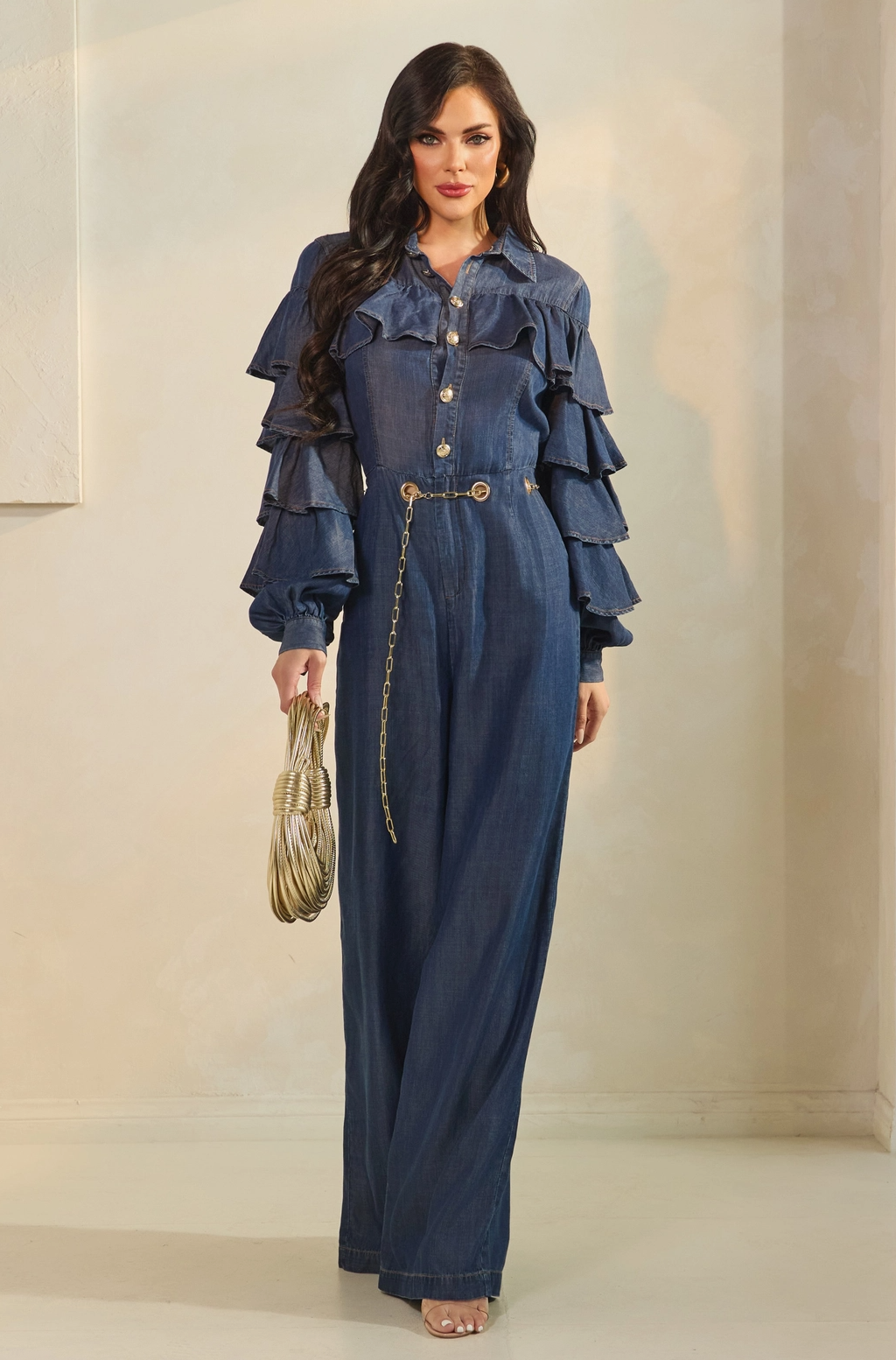 Layered Ruffle Sleeve Jumpsuit with Grommet Belt Detail