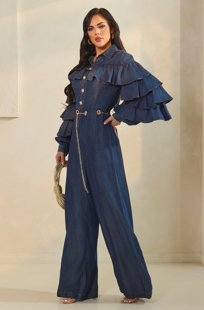 Layered Ruffle Sleeve Jumpsuit with Grommet Belt Detail