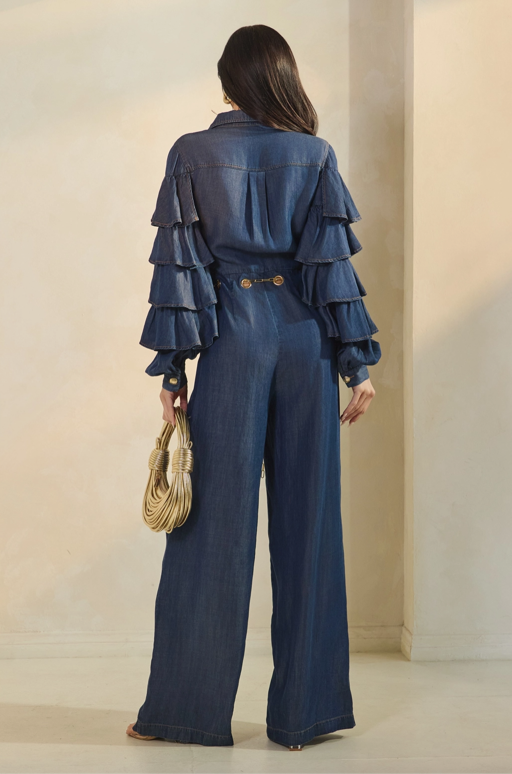 Layered Ruffle Sleeve Jumpsuit with Grommet Belt Detail
