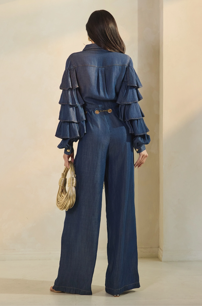 Layered Ruffle Sleeve Jumpsuit with Grommet Belt Detail