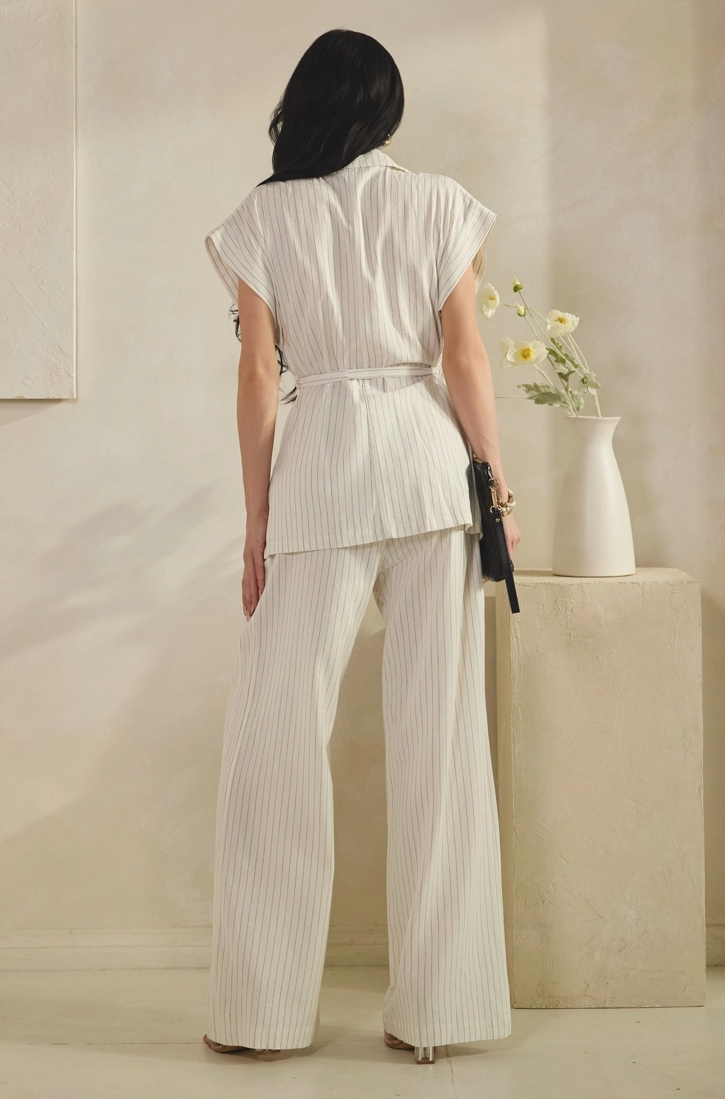 Double Breasted Pin Stripe Linen Vest Set