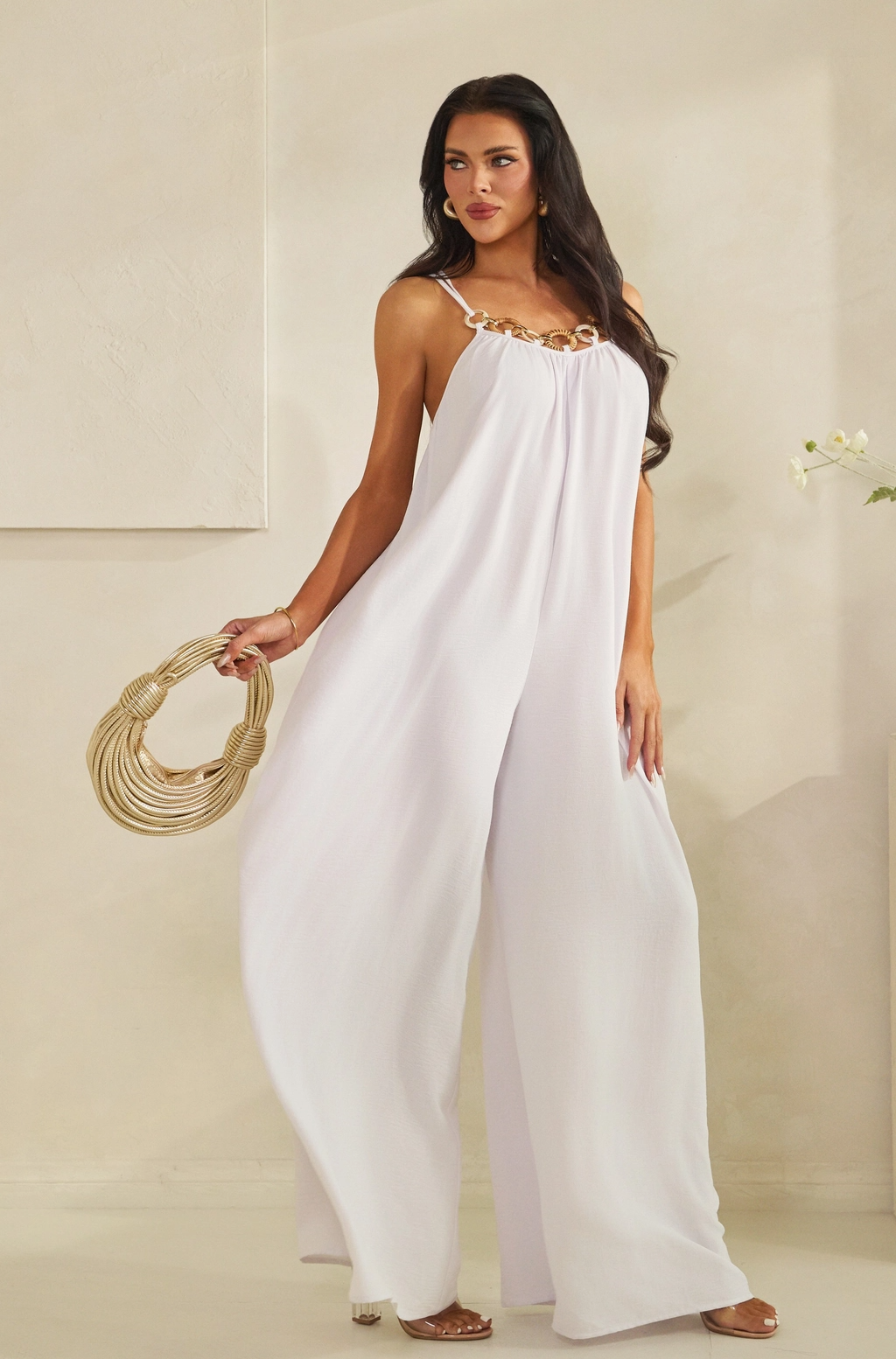 Chain Necklace Spaghetti Strap Wide Leg Jumpsuit
