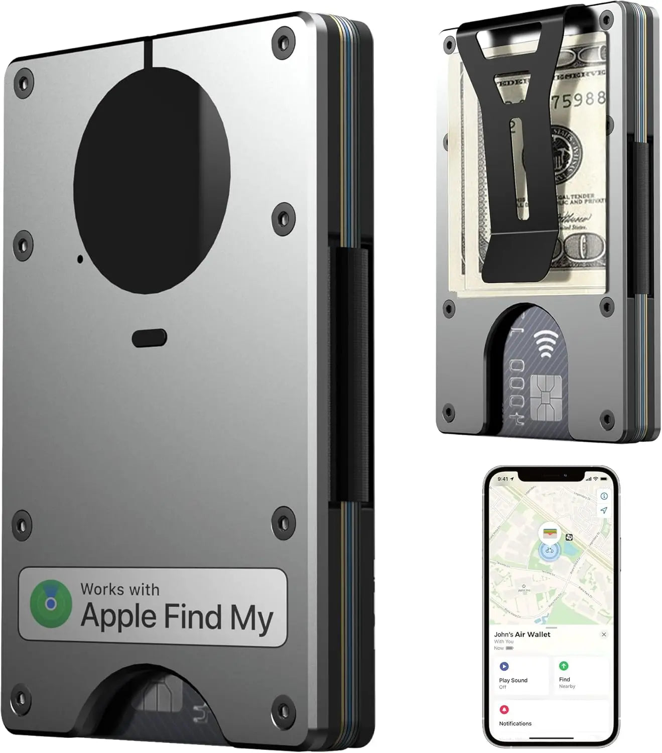 RFID Blocking Slim Wallet, Compatible with Find My iOS Only, Detachable Money Clip
