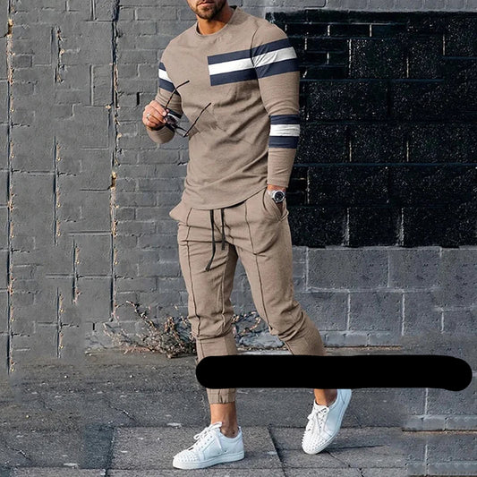 Men's Long Sleeved Casual T Shirt and Trousers 2 Piece Tracksuit