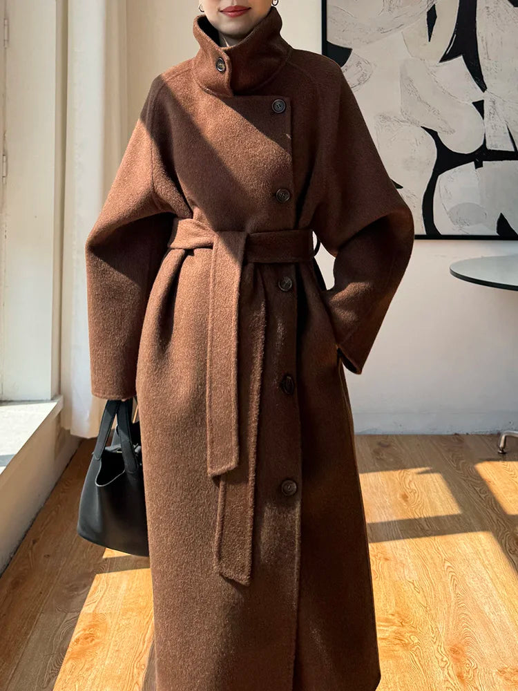 Women's 100% Wool Stand Collar Long Coat