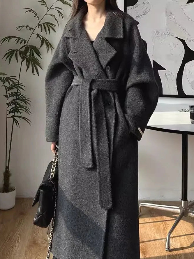 Women's 100% Wool Stand Collar Long Coat