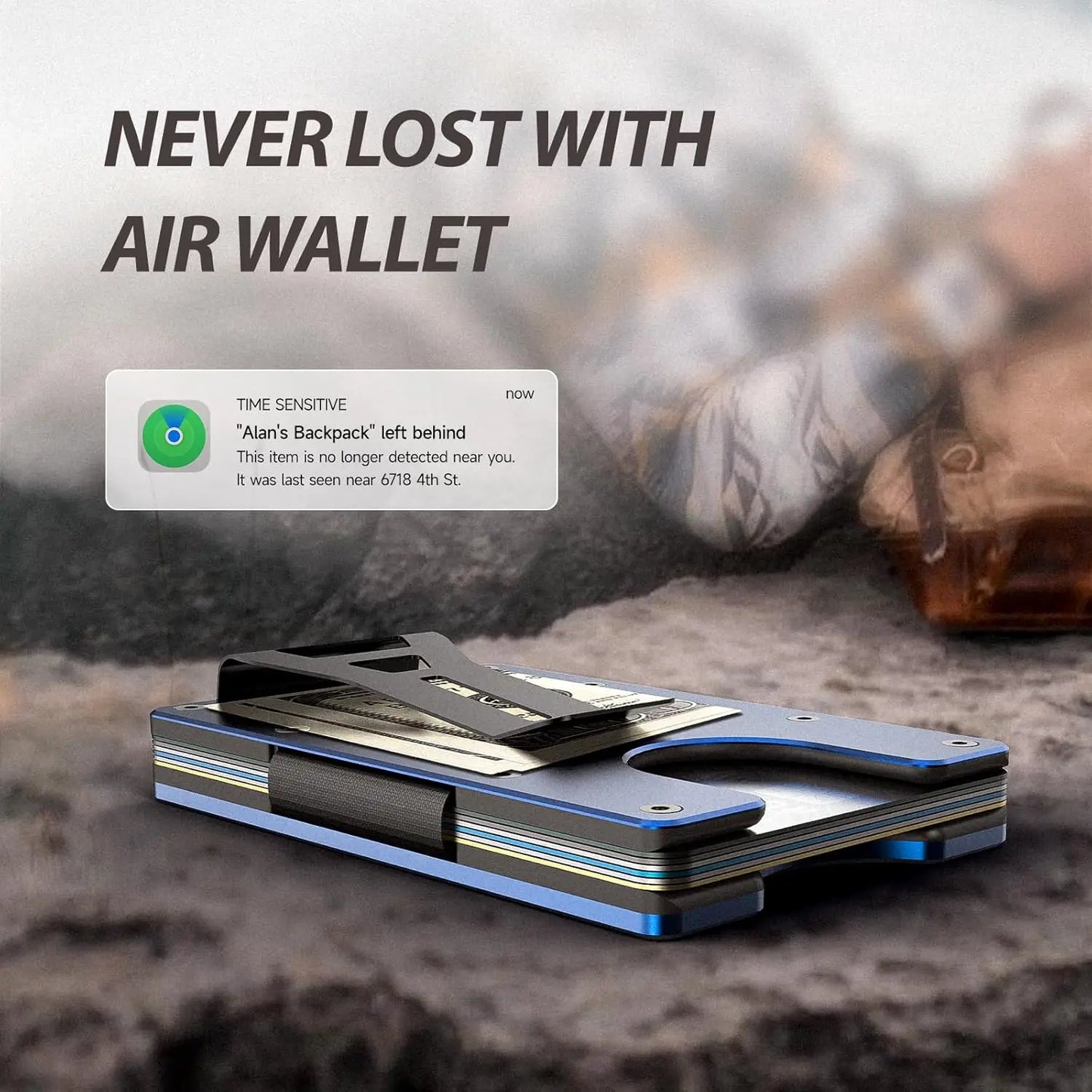 RFID Blocking Slim Wallet, Compatible with Find My iOS Only, Detachable Money Clip