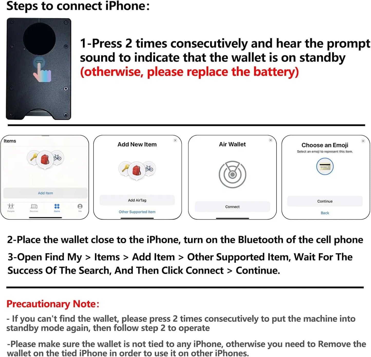 RFID Blocking Slim Wallet, Compatible with Find My iOS Only, Detachable Money Clip