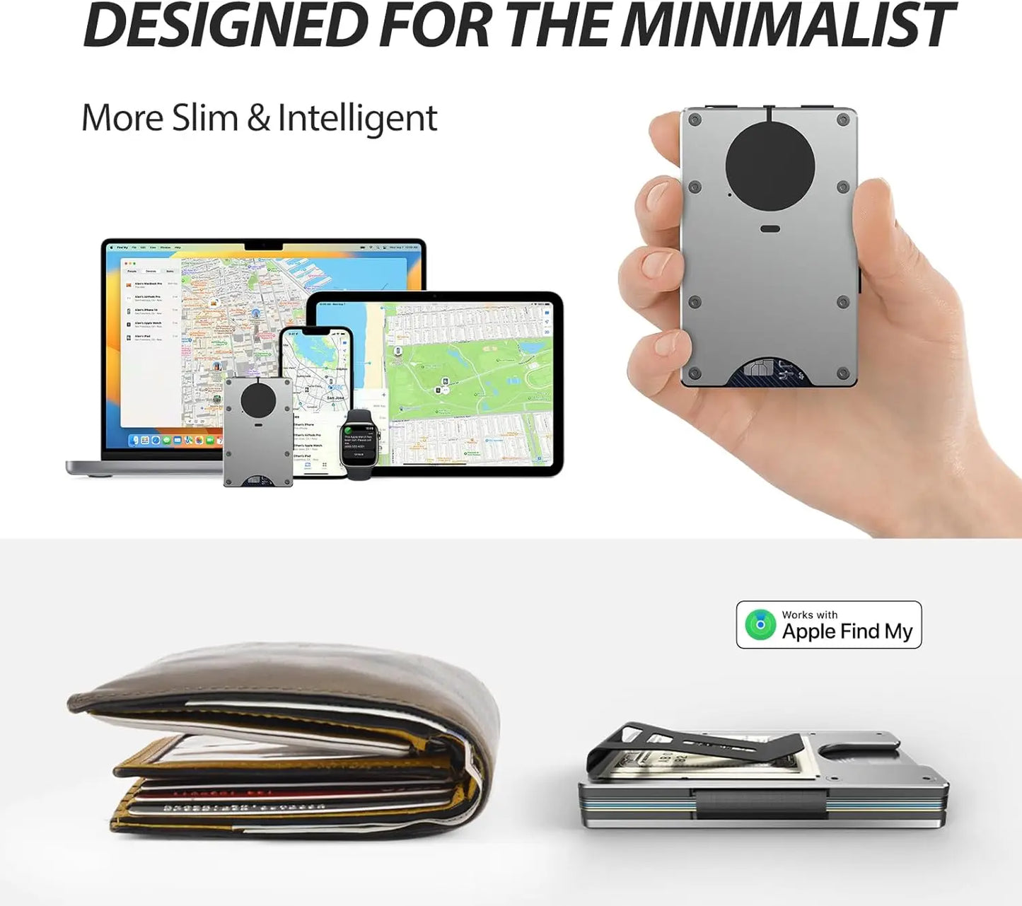 RFID Blocking Slim Wallet, Compatible with Find My iOS Only, Detachable Money Clip