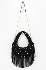 Faux Suede Metal Studded Fringe Hobo Bag