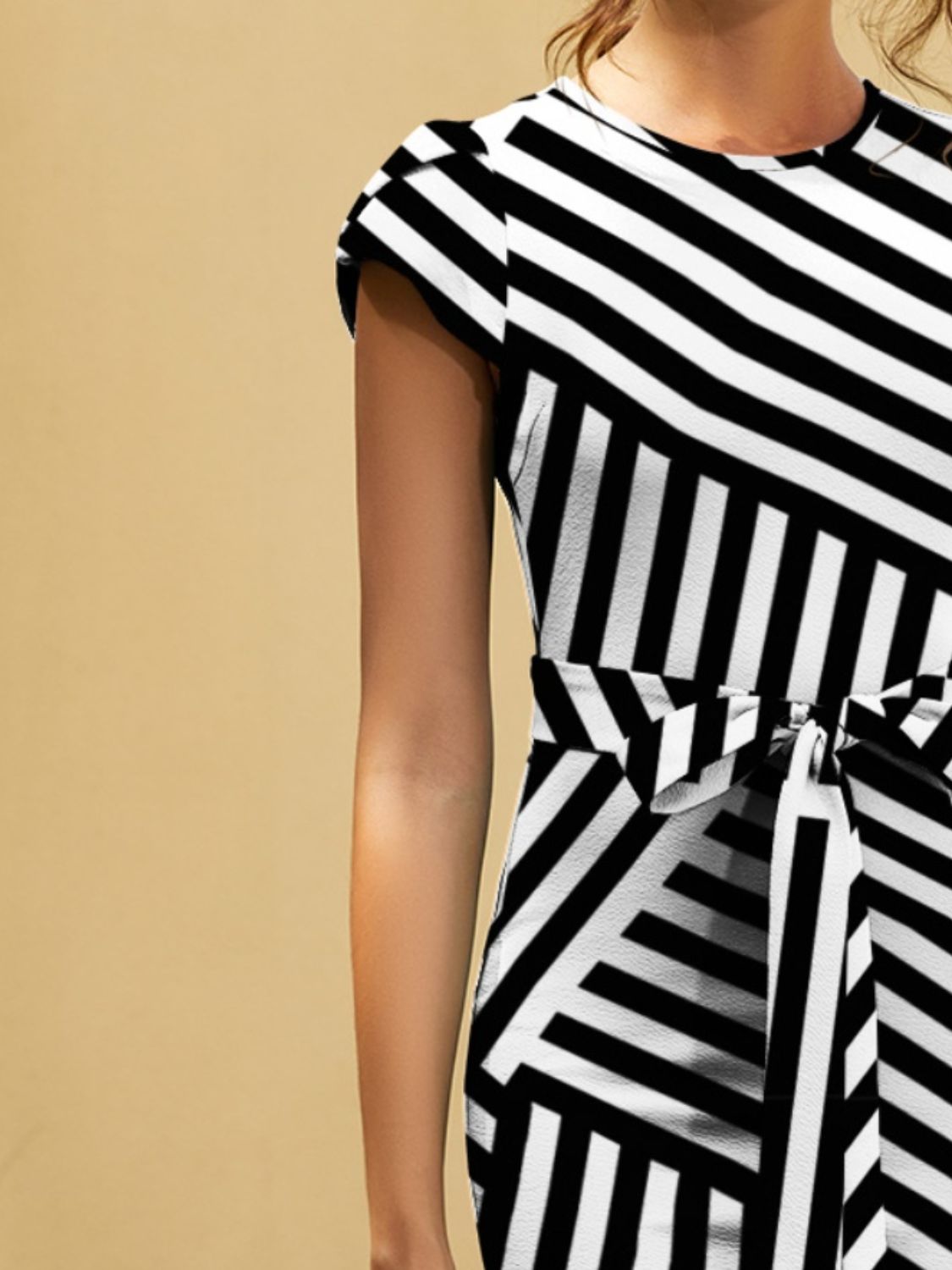 Tied Striped Round Neck Cap Sleeve Dress