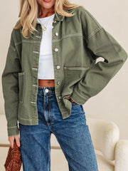 Patched Pocket Collared Button Front Boyfriend Denim Jacket