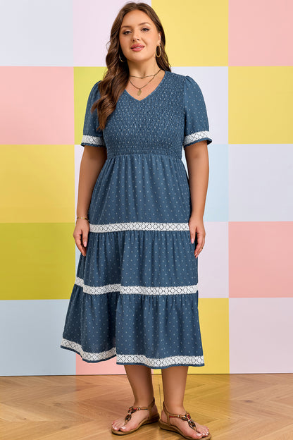 Plus Size Swiss Dot Lace Patchwork Detail Flared Midi Dress