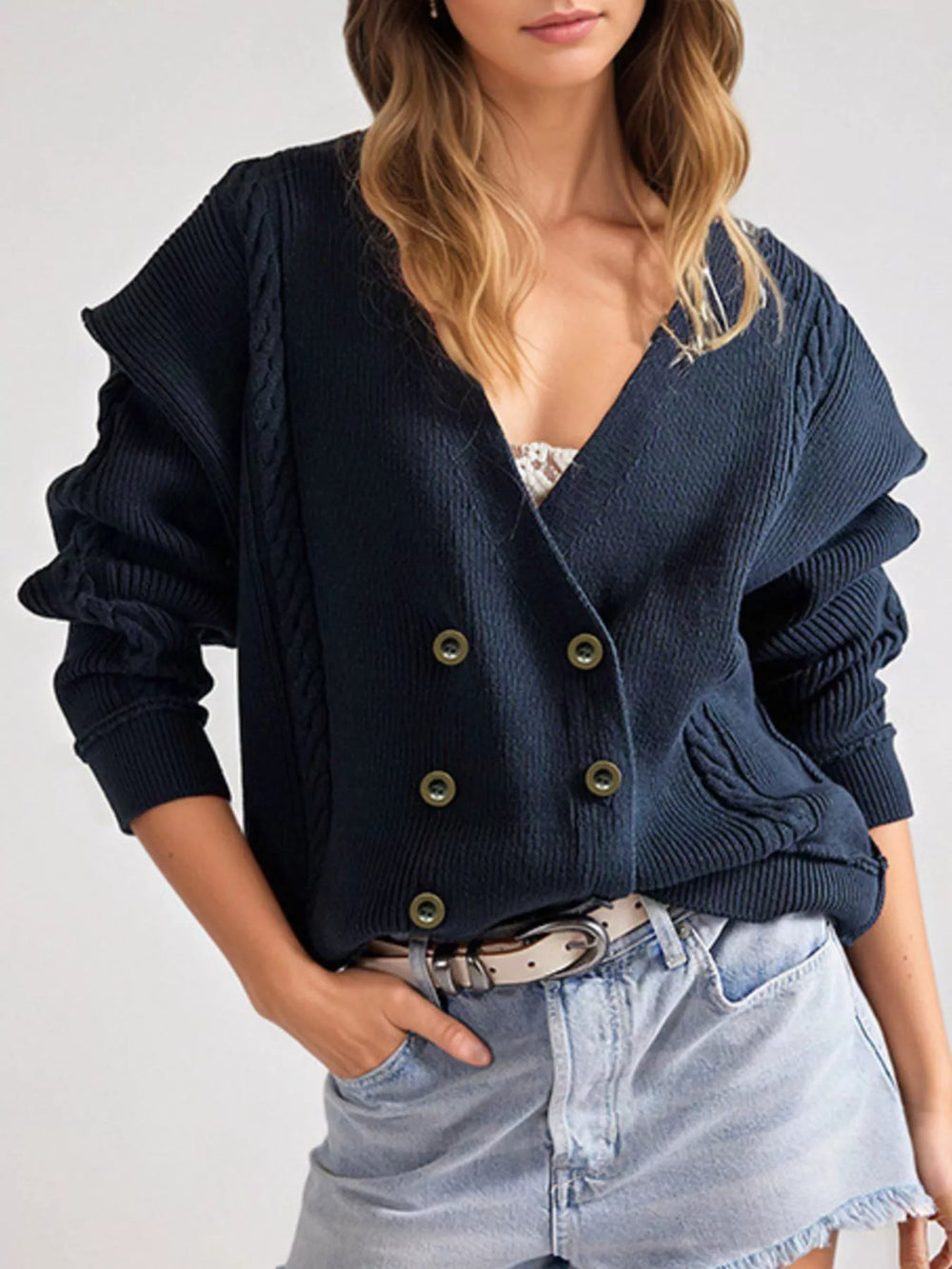Double-Breasted Cable Knit Cardigan