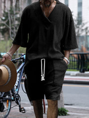 Men's Casual Knit V-Neck Short Sleeve Top and Shorts Set