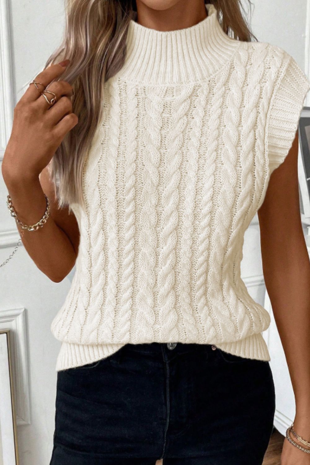 Cable Knit Turtleneck Sweater Vest