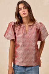 Jacquard Woven Balloon Sleeved Top