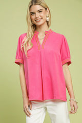 Embroidered Linen Puff Sleeve Blouse