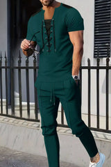 Men's Lace-Up Front Top and Pants Casual Set