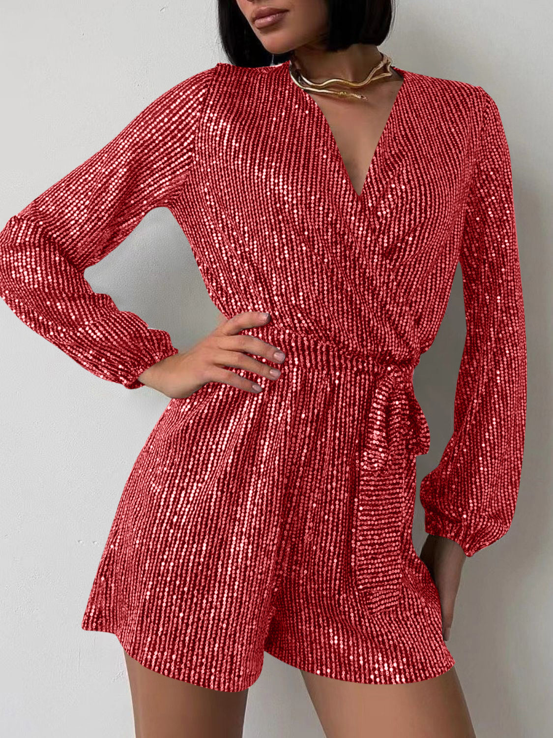 Sequin Surplice Tie Waist Long Sleeve Romper