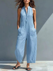 Button Front Sleeveless Jumpsuit