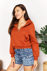 Double Take Half-Zip Long Sleeve Cropped Hoodie