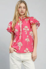Umgee Floral Ruffle Sleeve Split-Neck Top