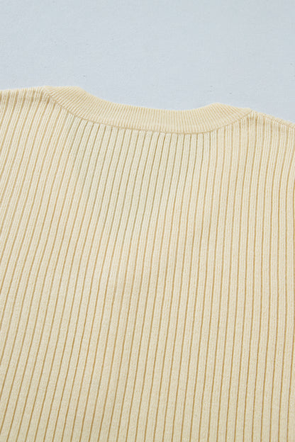 Ribbed Knit Striped Trim Short Sleeve Sweater