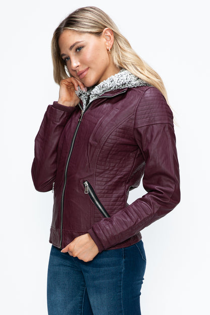 Women's Faux Layered Double-Zipper Jacket with Fuzzy Hood