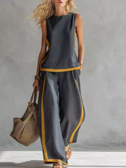 Contrast Stripe Sleeveless Top & Wide-Leg Pants Set