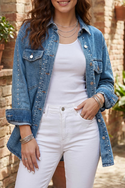 Rivet Embellished Long Sleeve Denim Shacket