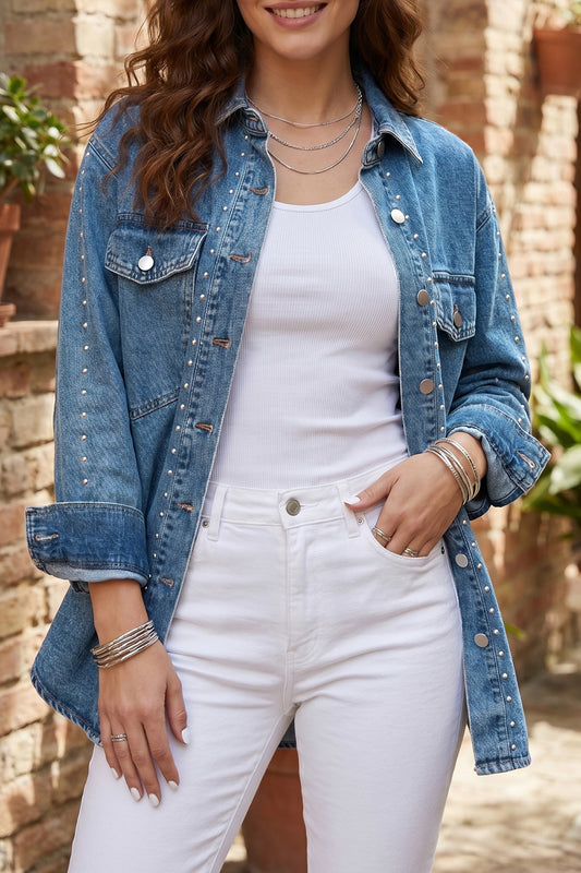 Rivet Embellished Long Sleeve Denim Shacket