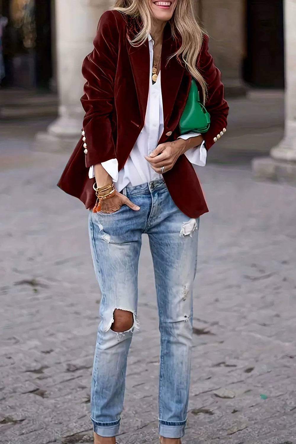 Burgundy Lapel Collar One Button Blazer