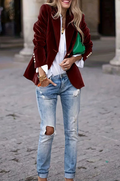 Burgundy Lapel Collar One Button Blazer