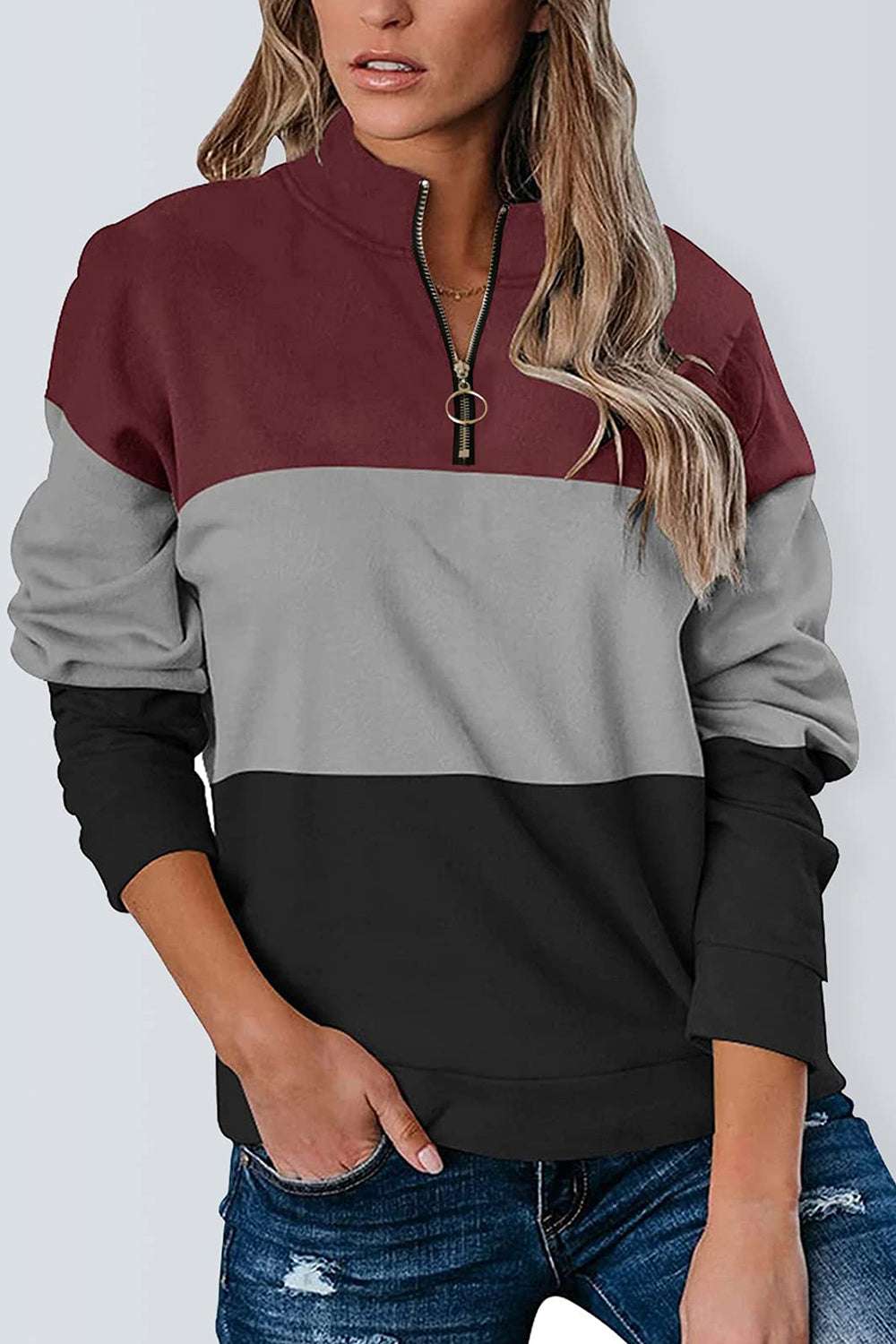 Color Block Quarter Zip Long Sleeve Sweatshirt