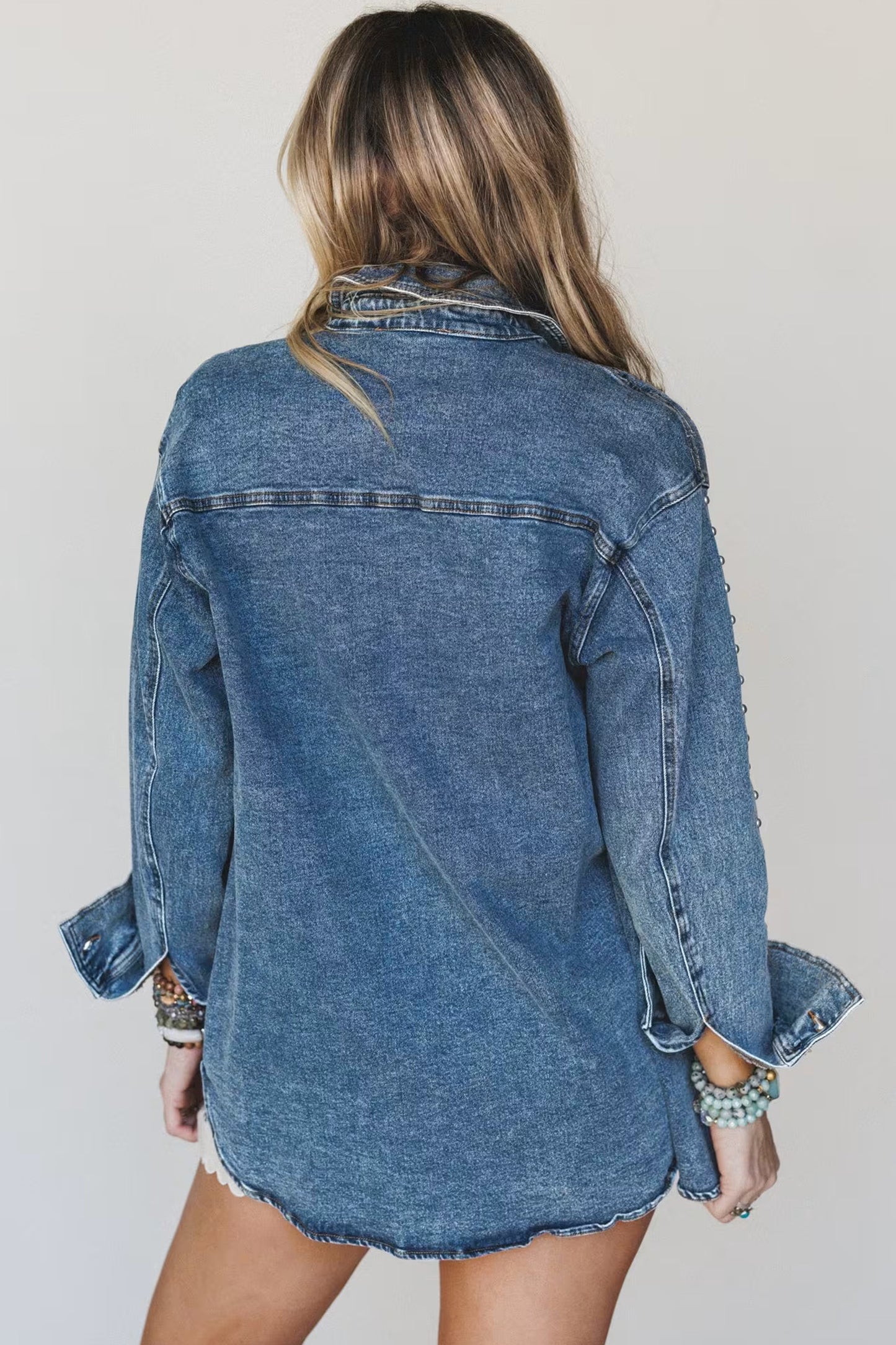 Rivet Embellished Long Sleeve Denim Shacket