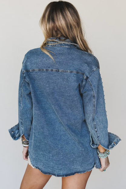 Rivet Embellished Long Sleeve Denim Shacket