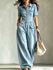 Full Size Denim Wide-Leg Jumpsuit with Chest Pockets Plus Size