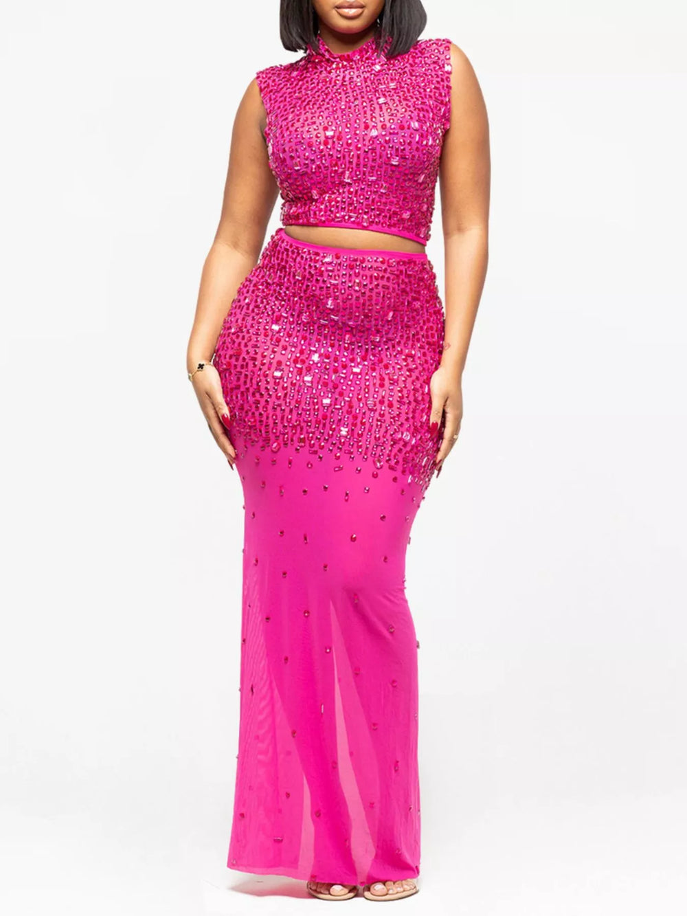 Rhinestone Sleeveless Top and Skirt Set