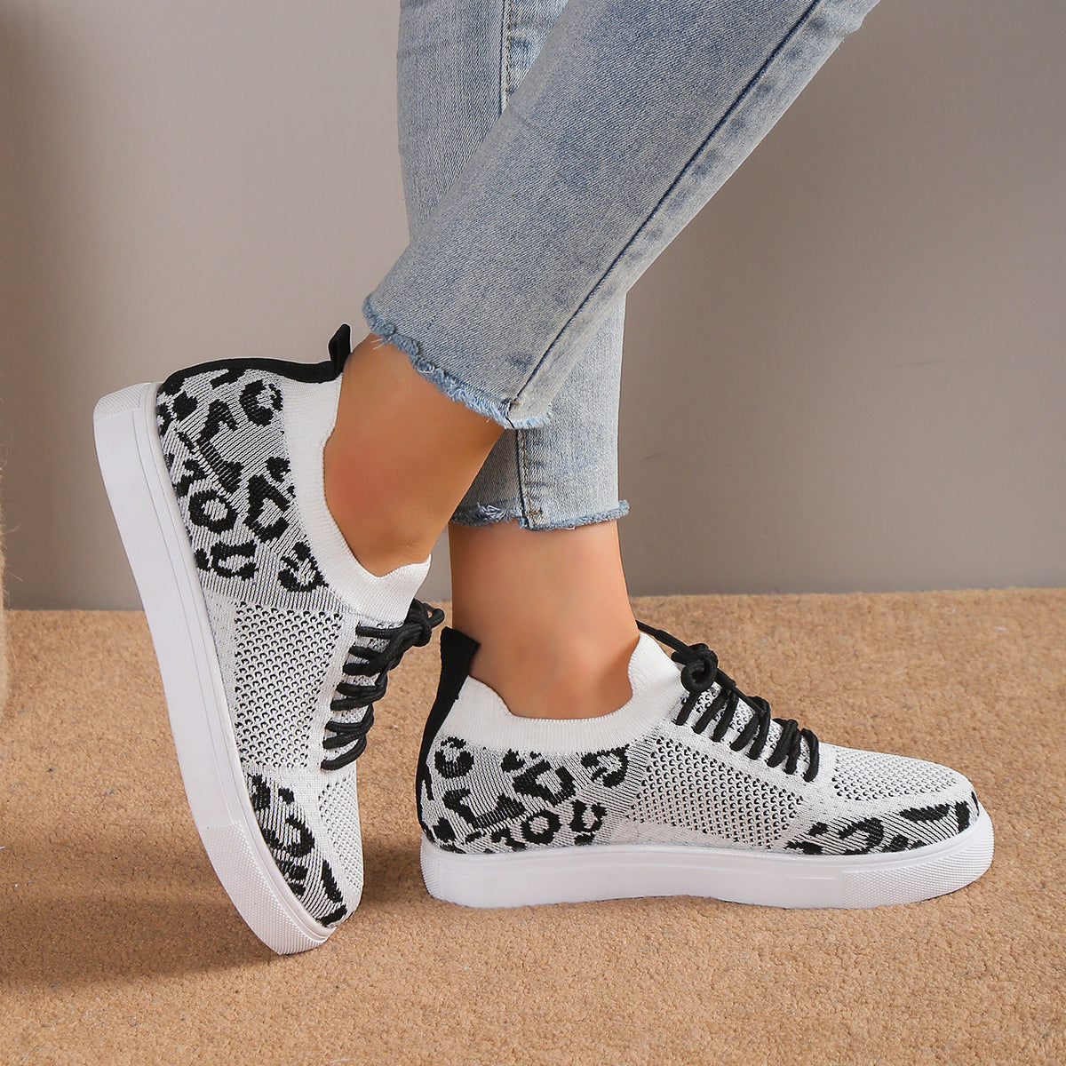 Women's Lace-Up Leopard Flat Sneakers