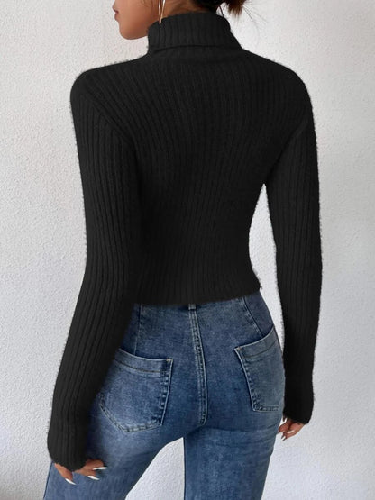 Cropped Ribbed Turtleneck Long Sleeve Sweater