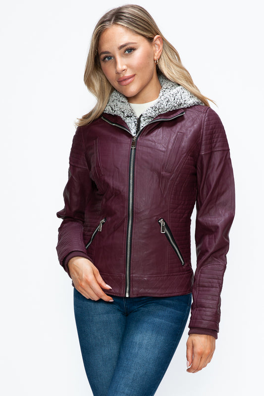 Women's Faux Layered Double-Zipper Jacket with Fuzzy Hood