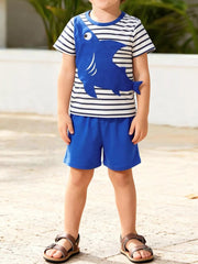 Children's Shark Applique Striped T-Shirt & Shorts Set