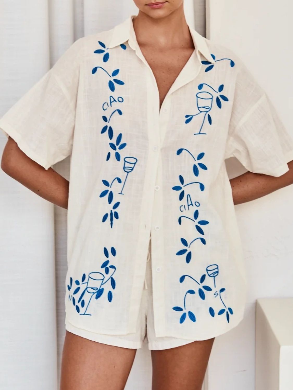 Embroidered Button Up Half Sleeve Top and Shorts Set