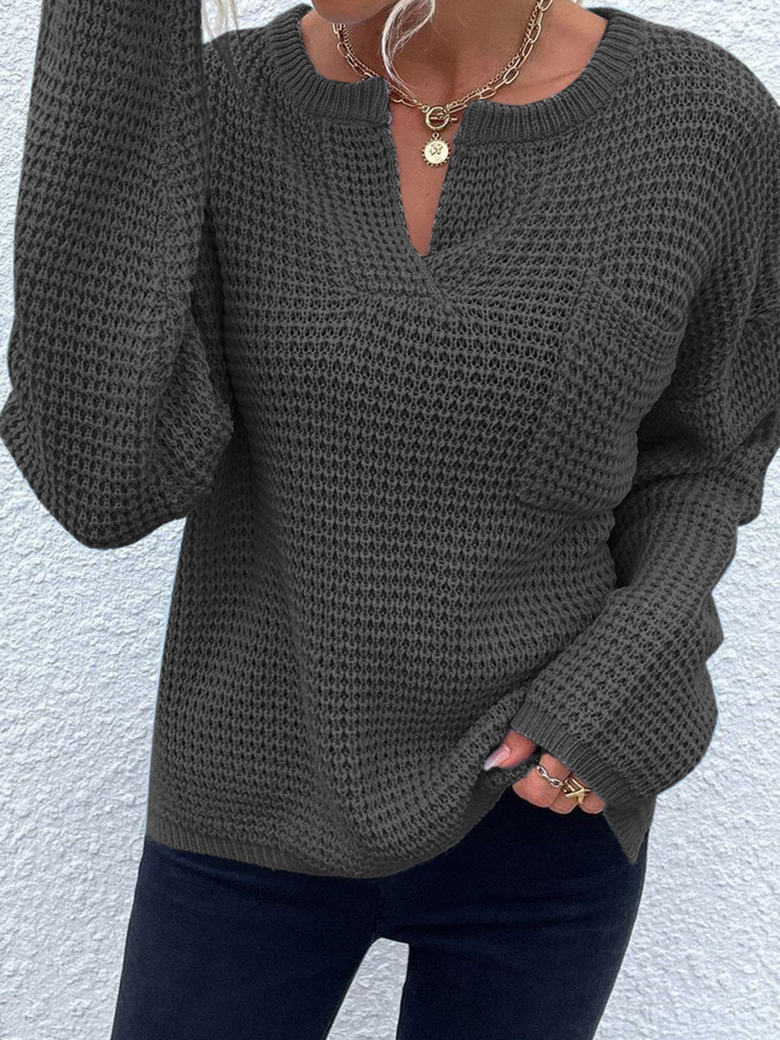 Notched Long Sleeve Sweater