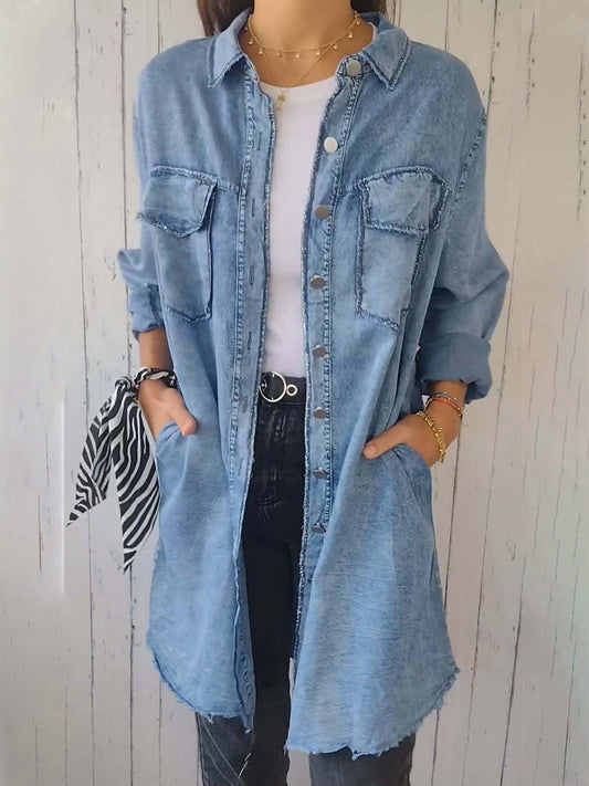 Full Size Raw Hem Button Up Long Sleeve Denim Top