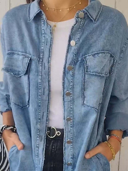 Full Size Raw Hem Button Up Long Sleeve Denim Top