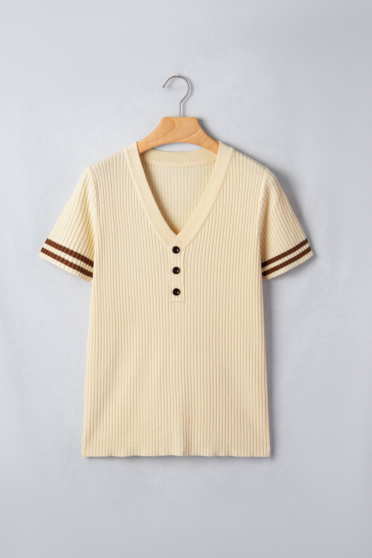 Ribbed Knit Striped Trim Short Sleeve Sweater
