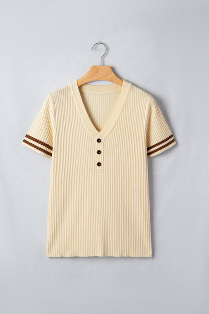 Ribbed Knit Striped Trim Short Sleeve Sweater